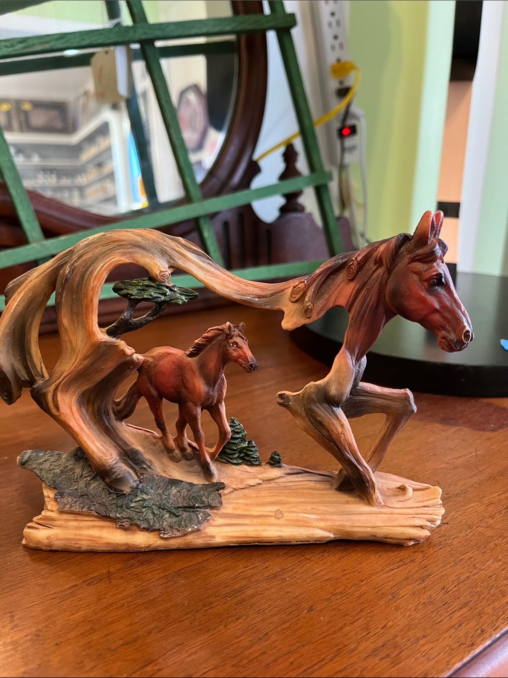 Resin horse and colt showpiece featuring an abstract flowing design